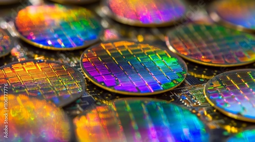 Stacked colorful silicon wafers with intricate holographic reflections and etched microchip patterns, symbolizing advanced semiconductor manufacturing and cutting edge technology