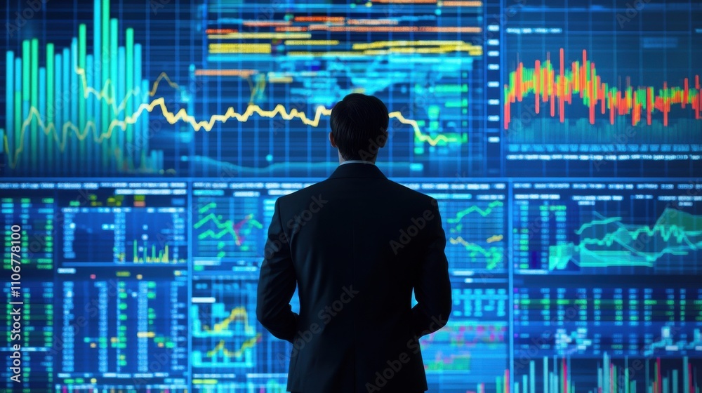 Businessman Analyzing Stock Market Data on Screen Businessman Analyzing Stock Market Data on Screen