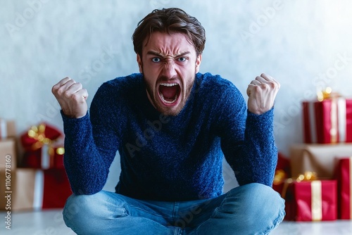 Young man on christmas day screaming very angry and aggressive.