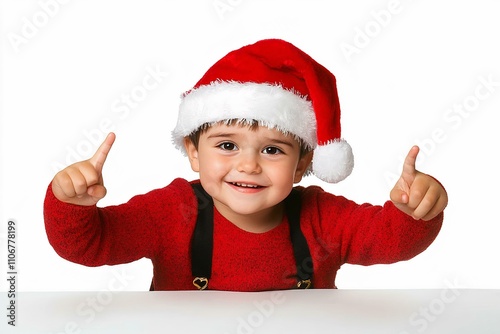 Little boy celebrating christmas day wearing a santa hat isolated points down with fingers- positive feeling.