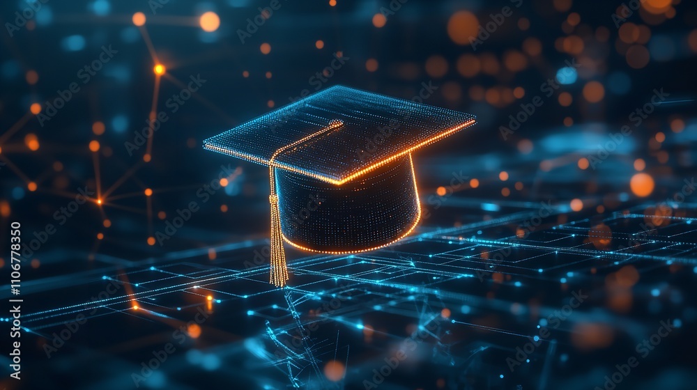 Graduation Cap on a Circuit Board with Glowing Lights Graduation Cap on a Circuit Board with Glowing Lights