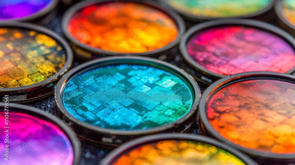 Opened containers of holographic pigments with vivid multicolored reflections, representing innovation in art supplies, creative materials, and futuristic textures Opened containers of holographic pigments with vivid multicolored reflections, representing innovation in art supplies, creative materials, and futuristic textures