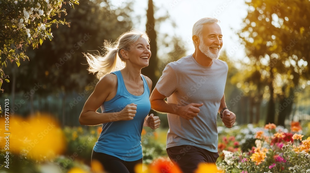 A joyful elderly couple runs in a sunny park, radiating happiness in bright athletic wear.