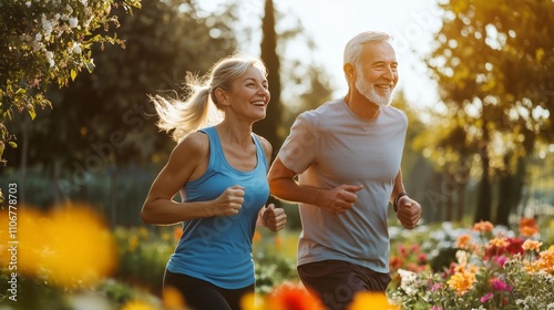 Obraz na płótnie A joyful elderly couple runs in a sunny park, radiating happiness in bright athletic wear. w salonie