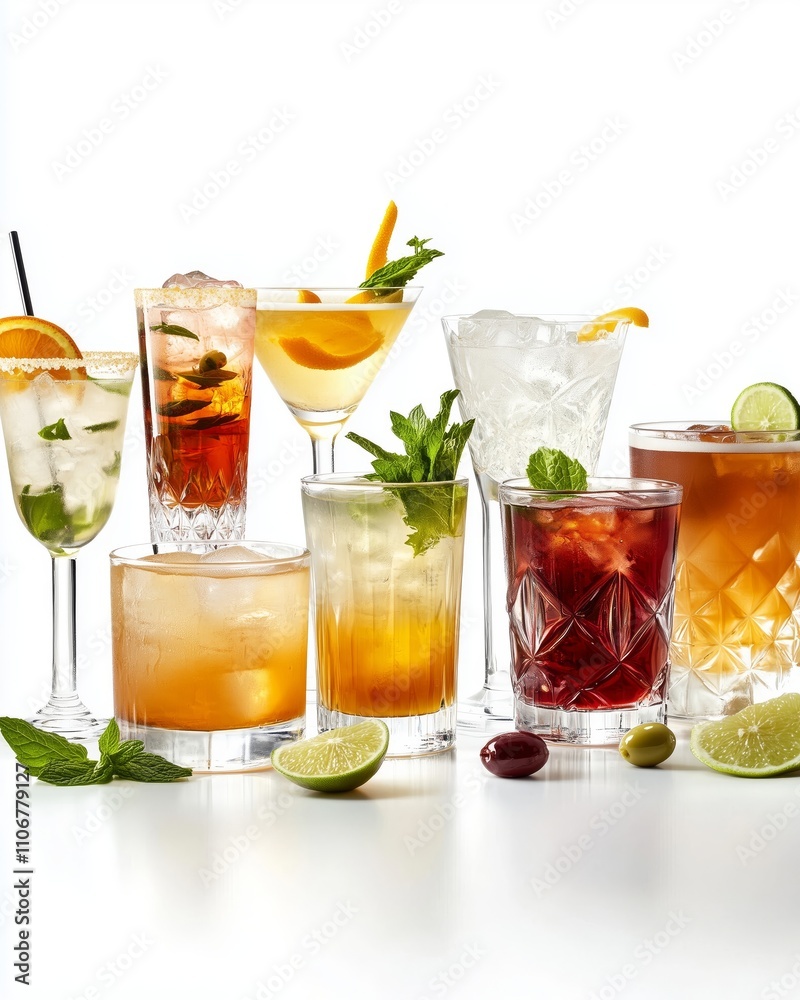 Discover classic cocktails showcased elegantly on a white backdrop, highlighting their vibrant colors. Discover classic cocktails showcased elegantly on a white backdrop, highlighting their vibrant colors.
