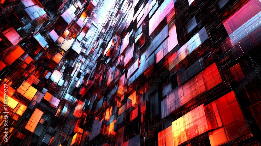 Obraz premium Abstract rendering of glowing red and orange cubes clustered into a dynamic pattern, symbolizing advanced technology, cyber connectivity, and data abstraction