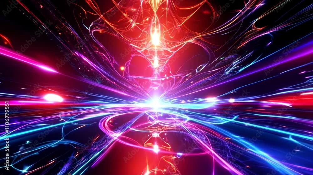 Vibrant abstract digital network technology background Red, pink, and blue lights radiate energy in this dynamic, futuristic light show. Glowing neon lines create sense of speed and movement