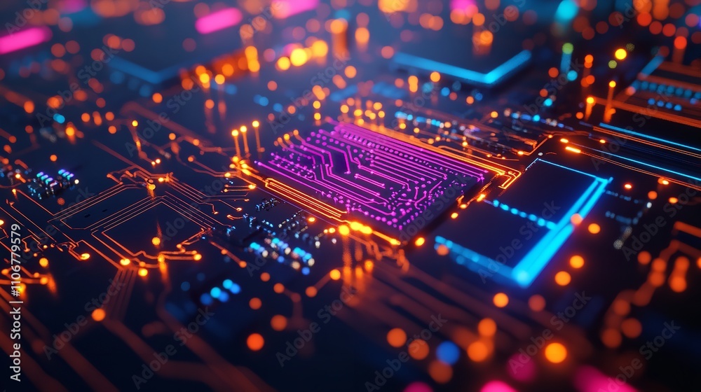 Close-up of a Vibrant and Futuristic Circuit Board with Glowing Neon Lights in a Dark Background Close-up of a Vibrant and Futuristic Circuit Board with Glowing Neon Lights in a Dark Background