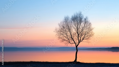 A solitary tree stands by a tranquil lake at sunset, with soft hues reflecting off the water, creating a serene and picturesque scene.