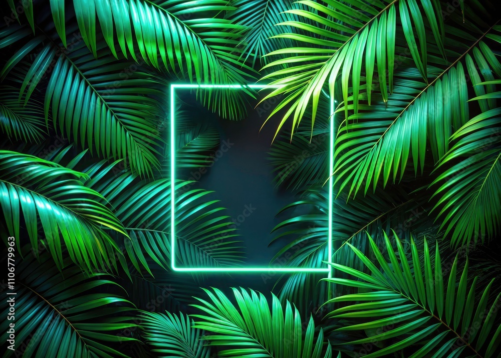Neon Frame with Palm Leaves on Dark Background, Glowing Green Electronics - Perfect for Modern Decor, Tropical Vibes, and Futuristic Aesthetics in Product Photography