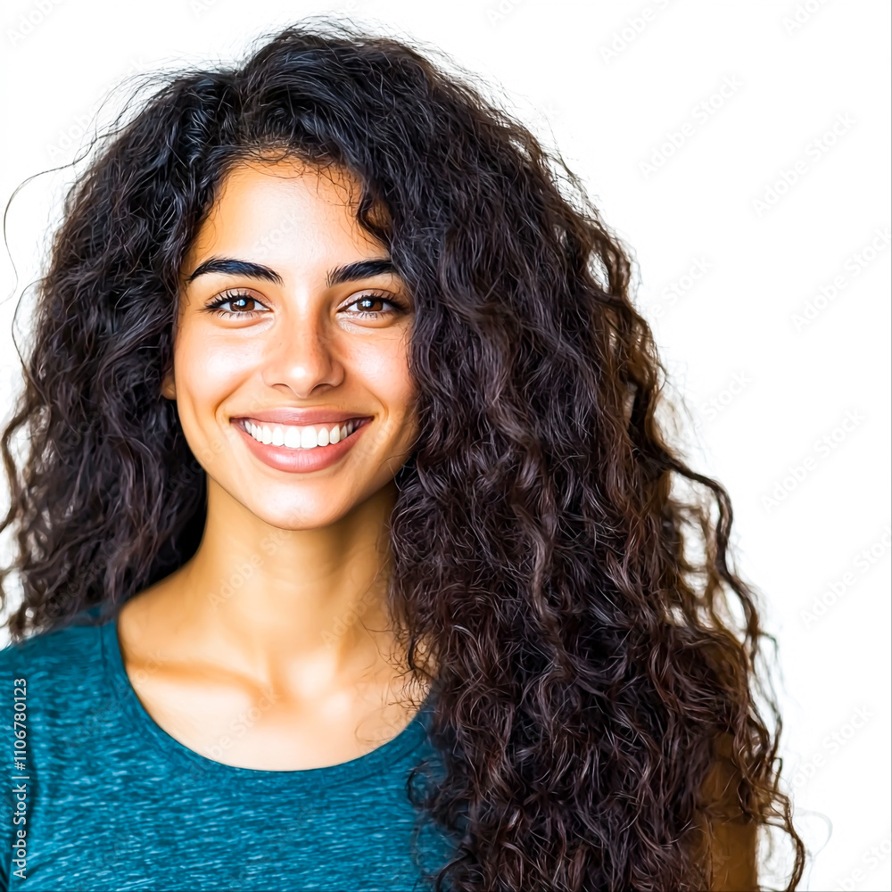 Young woman with curly hair smiling brightly in casual attire Young woman with curly hair smiling brightly in casual attire