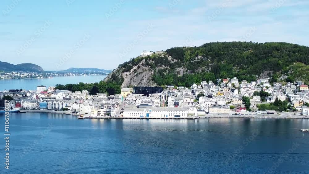 City of Alesund on coastline of Norway, aerial drone view