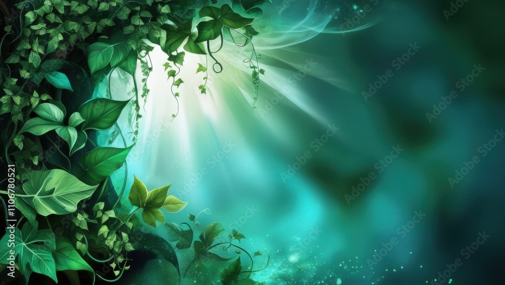 A serene illustration of lush green vines and leaves bathed in soft sunlight. The background is a misty teal gradient, creating a peaceful, magical forest ambiance. A serene illustration of lush green vines and leaves bathed in soft sunlight. The background is a misty teal gradient, creating a peaceful, magical forest ambiance.