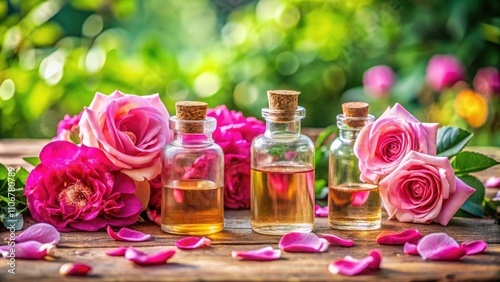 Panoramic Photography of Rose Essential Oil with Selective Focus on Petals and Bottles for Aromatherapy and Natural Skincare