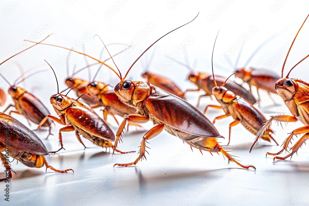 Panoramic View of Cockroaches Scattering on a White Surface, Isolated Background, Insect Movement, Pest Control, Entomology, Macro Contrast, Movement Dynamics Panoramic View of Cockroaches Scattering on a White Surface, Isolated Background, Insect Movement, Pest Control, Entomology, Macro Contrast, Movement Dynamics
