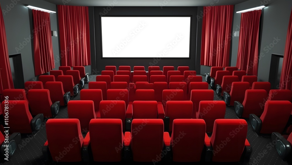 Fototapeta premium Cinema room with blank screen and empty space. Red seats and curtains. Concept of leisure, entertainment, cinema and theater.