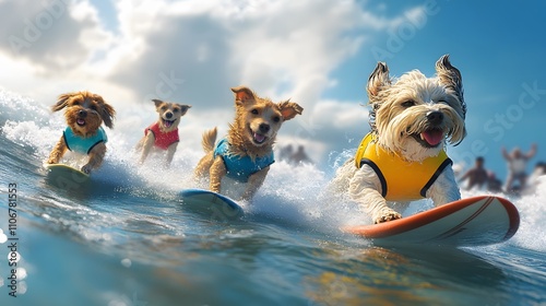 Four dogs surfing ocean waves, wearing life vests.