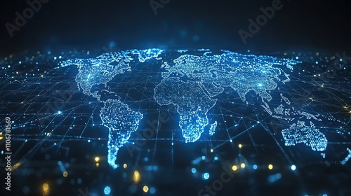 A blue background featuring a digital world map and global network connections