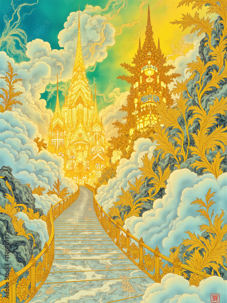 Fototapeta premium heaven golden city above the clouds created using AI Generative Technology