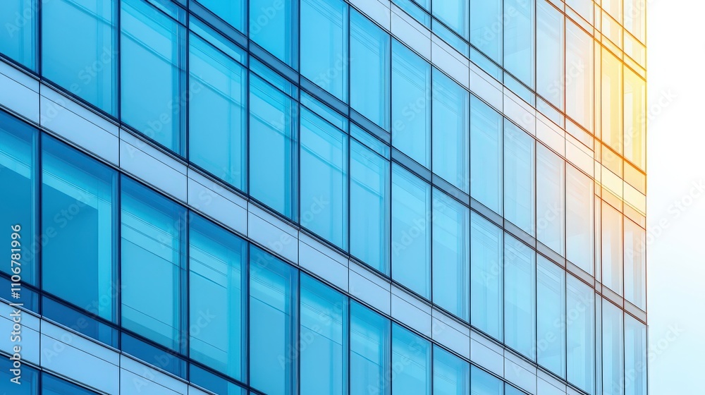 A modern building facade with reflective glass windows, showcasing blue hues and sunlight. A modern building facade with reflective glass windows, showcasing blue hues and sunlight.