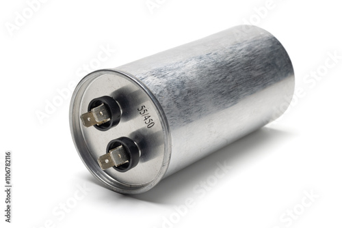 air conditioner's compressor capacitor isolated on white background. Usually found on outdoor unit.