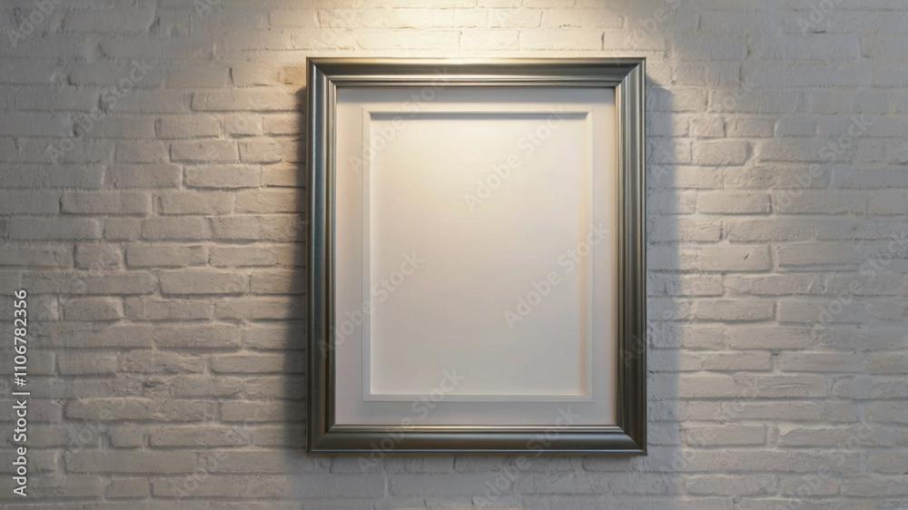 Blank white photo frame on white wall illuminated with light. Blank white photo frame on white wall illuminated with light.