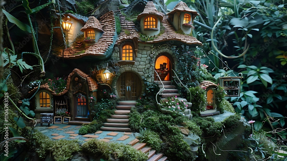 Obraz premium fairy dreamhouse: beautiful doll villa with outdoor stairs and a stunning fairy sunset