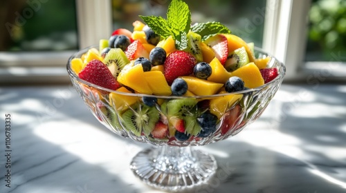 A vibrant fruit salad composed of sliced mangoes, strawberries, kiwis