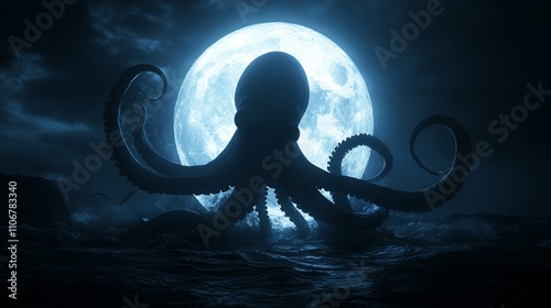 Giant octopus silhouette in the moonlight over a dark sea. photo