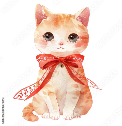 A playful kitten with a delicate red lace bow looks innocent, isolated on a transparent background. Cut out or PNG.