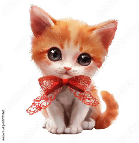 A playful kitten with a delicate red lace bow looks innocent, isolated on a transparent background. Cut out or PNG.