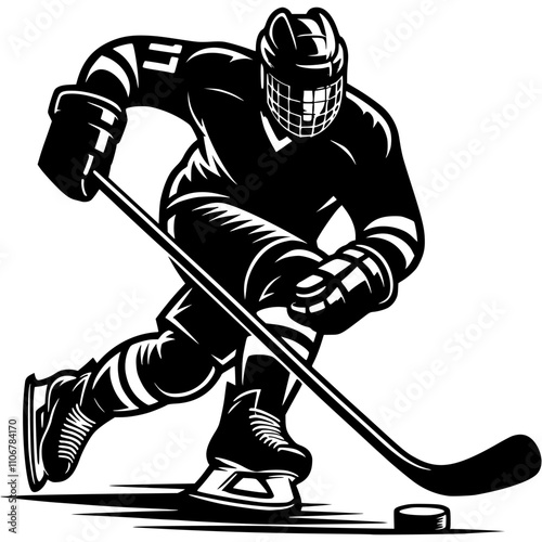 Professional hockey player rushes towards opponent goal with puck in monochrome. Simple minimalistic vector in black ink drawing on transparent background