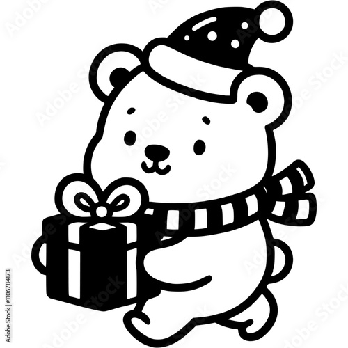 Polar bear wearing scarf and Christmas hat carries a gift box in monochrome. Simple minimalistic vector in black ink drawing on transparent background