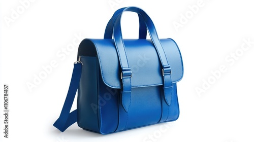 A stylish blue handbag with dual handles and a detachable shoulder strap.