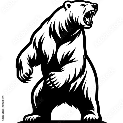 Polar bear stood on its hind legs in rage and threatened in monochrome. Simple minimalistic vector in black ink drawing on transparent background