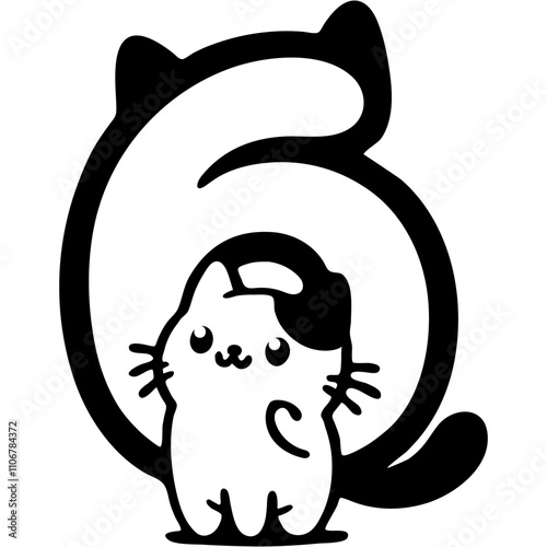 Little kitten sitting in front of the number six digit in kitty style in monochrome. Simple minimalistic vector in black ink drawing on transparent background