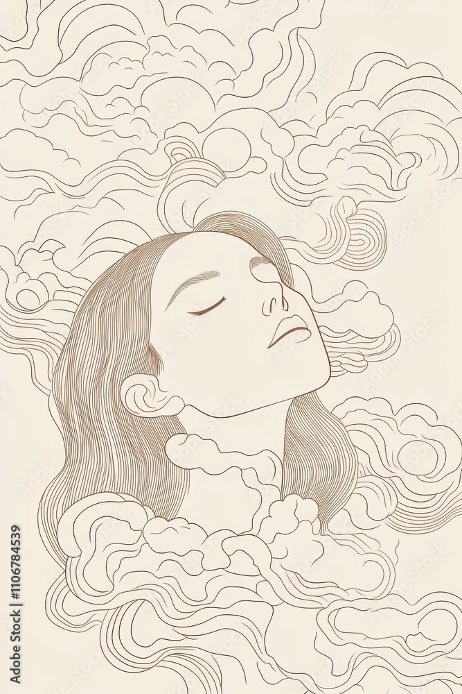 A minimal single line art of a woman surrounded by swirling clouds, releasing her stress as they drift away into the sky, hand-drawn style minimalist line art, beige colors and light sky blue tones A minimal single line art of a woman surrounded by swirling clouds, releasing her stress as they drift away into the sky, hand-drawn style minimalist line art, beige colors and light sky blue tones
