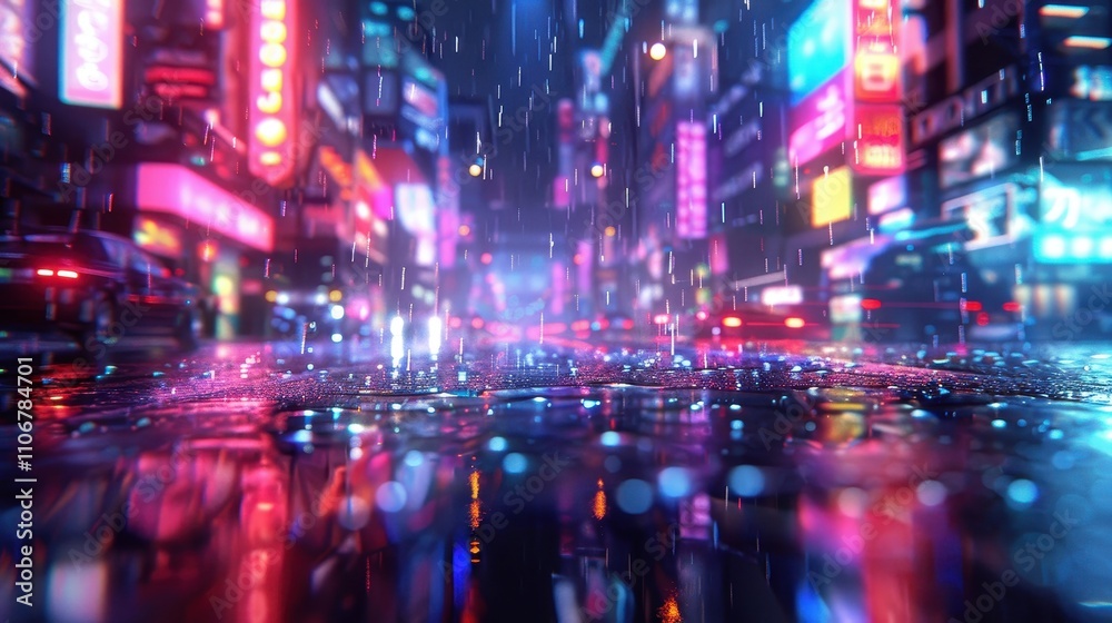 Obraz premium A vibrant, futuristic cityscape drenched in rain, illuminated by colorful neon signs, creating a striking, atmospheric reflection on the wet pavement.