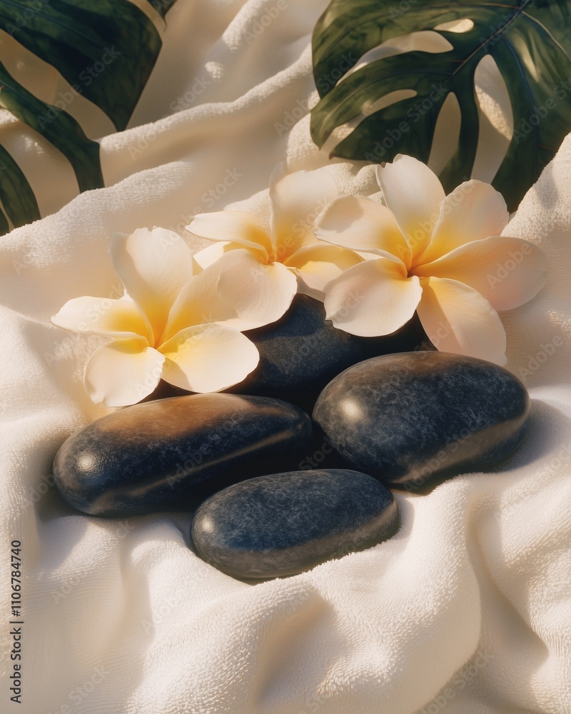 Dark spa stones on a white towel, surrounded by vibrant frangipani flowers in a tranquil setting. Dark spa stones on a white towel, surrounded by vibrant frangipani flowers in a tranquil setting.