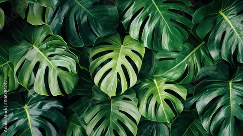 A feature wall covered in a bold, tropical monstera leaf pattern, adding vibrant greenery to the room