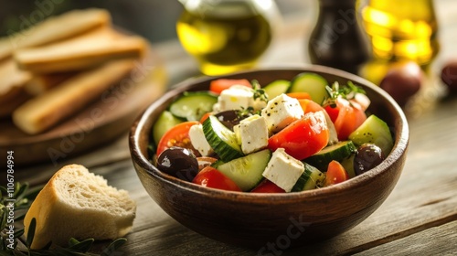 A vibrant Greek salad with olives, feta cheese, cucumbers photo