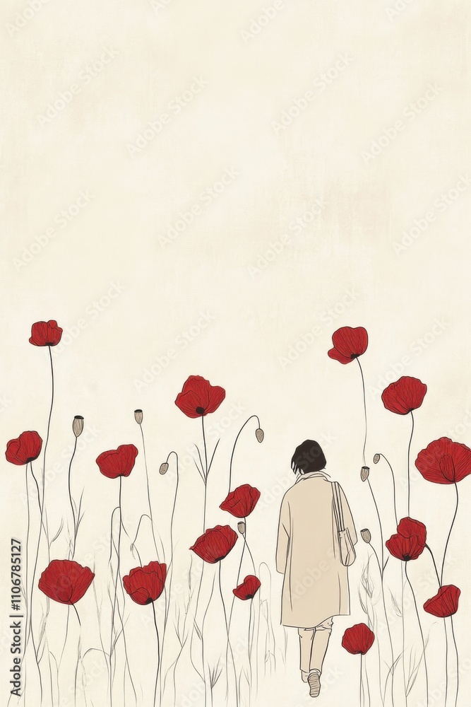 Obraz premium A minimal single line art of a woman wandering through a field of poppies, with vibrant red petals surrounding her, conveying joy and freedom, hand-drawn style minimalist line art, beige 