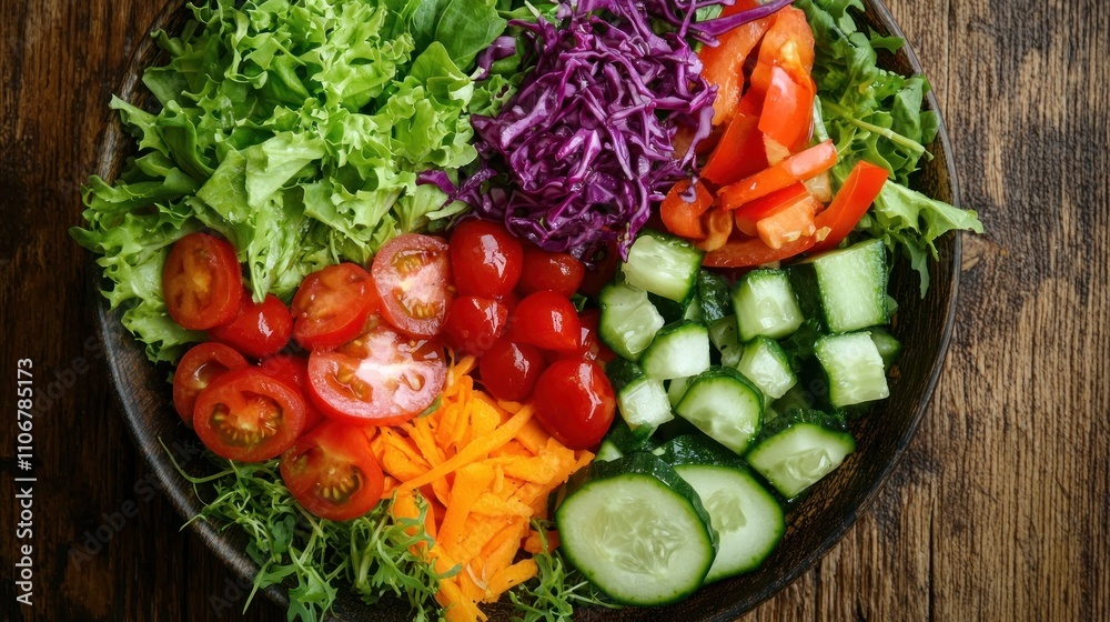 A fresh salad with colorful vegetables and greens, arranged in a bowl, viewed from above A fresh salad with colorful vegetables and greens, arranged in a bowl, viewed from above