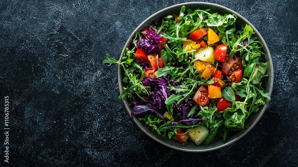 A fresh salad with colorful vegetables and greens, arranged in a bowl, viewed from above A fresh salad with colorful vegetables and greens, arranged in a bowl, viewed from above