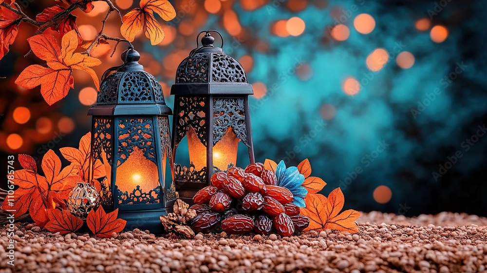 A serene arrangement of lanterns and dates amidst autumn leaves and bokeh lights. A serene arrangement of lanterns and dates amidst autumn leaves and bokeh lights.