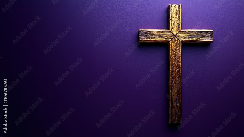 A bright golden cross on a purple background, with space for text