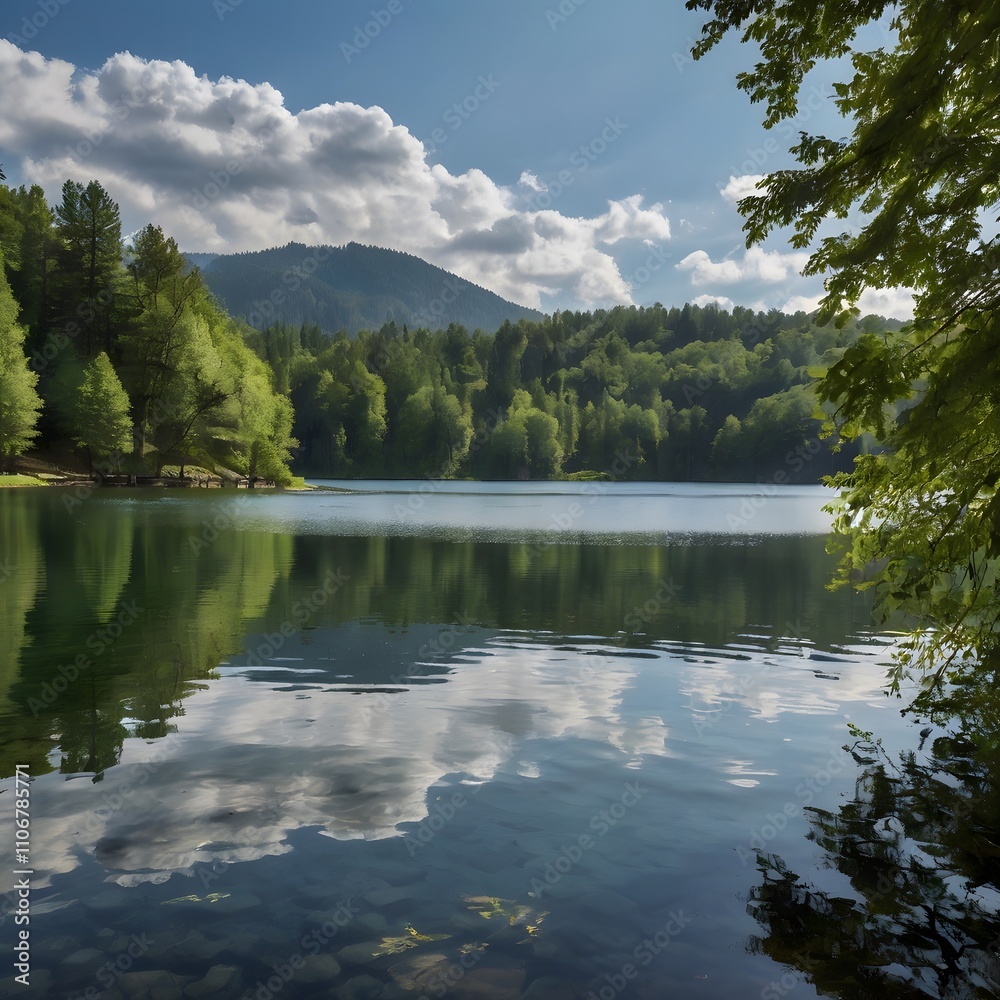 Obraz premium A scenery depicting greenery-covered mountains towering over a serene lake in a summer landscape.