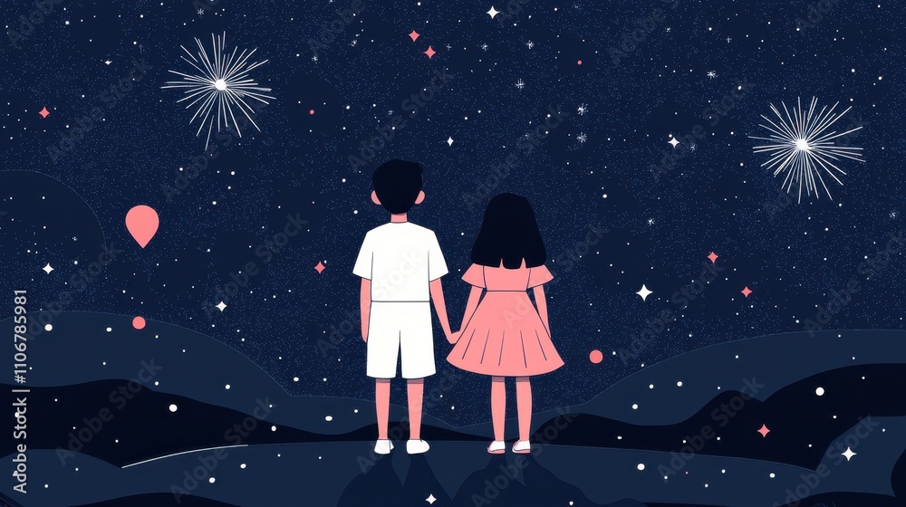 Two children stand hand in hand, gazing at a starry night sky filled with fireworks and colorful balloons. Two children stand hand in hand, gazing at a starry night sky filled with fireworks and colorful balloons.