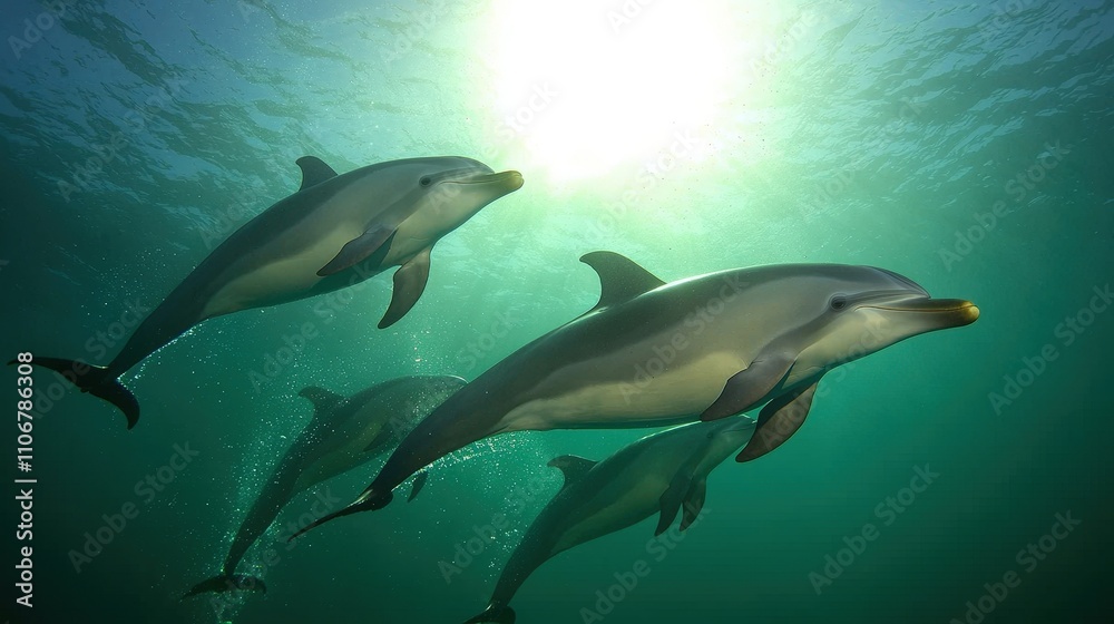 Fototapeta premium Dolphins Swimming Ocean Wildlife Marine Mammals Underwater Sunlight