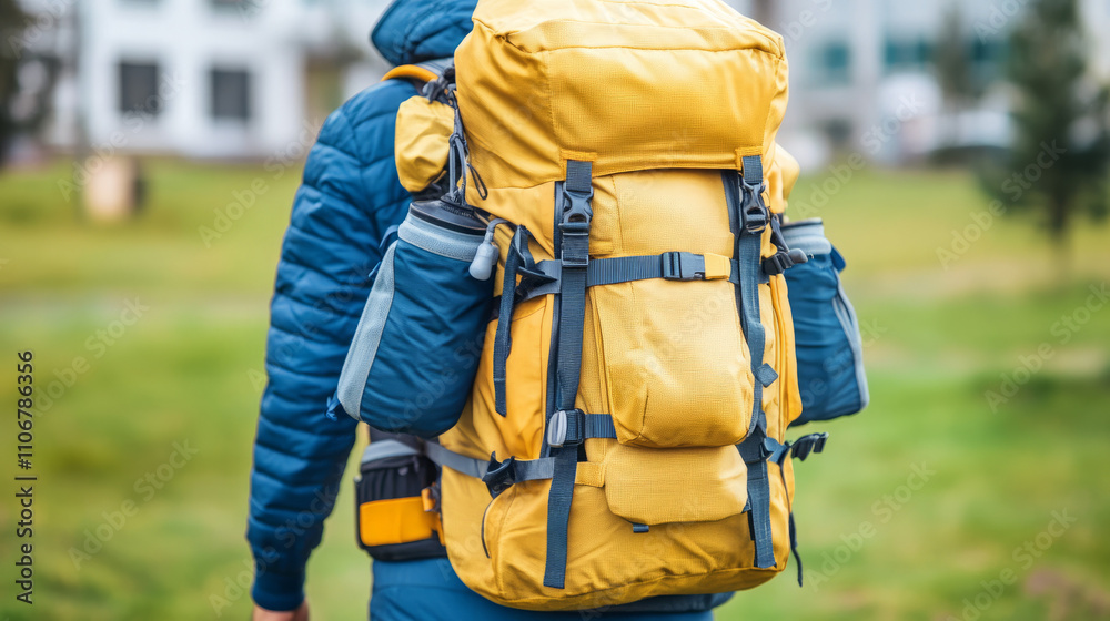 adventurous person with a large yellow backpack exploring nature's wonders adventurous person with a large yellow backpack exploring nature's wonders